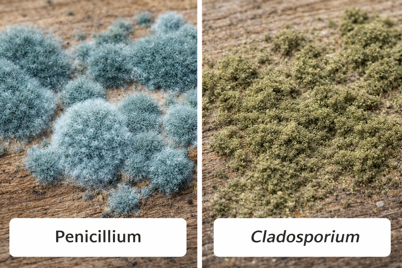 different textures of green mold — fuzzy Penicillium vs powdery Cladosporium
